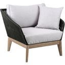 The appearance of Athos Indoor Outdoor Club Chair In Light Eucalyptus Wood with Charcoal Rope and Gray Cushions designed by Armen Living in the modern / contemporary interior design. This gray piece of furniture  was selected by 1StopBedrooms from Athos Collection to add a touch of cosiness and style into your home. Sku: LCATCHWDLT. Material: Rope.