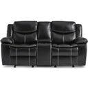 The appearance of Bastrop Black Double Glider Reclining Console Loveseat designed by Homelegance in the transitional interior design. This black piece of furniture  was selected by 1StopBedrooms from Bastrop Collection to add a touch of cosiness and style into your home. Sku: 8230BLK-2. Material: Vinyl.