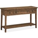 The appearance of Bay Creek Toasted Nutmeg Rectangle Sofa Table designed by Magnussen in the transitional interior design. This brown piece of furniture  was selected by 1StopBedrooms from Bay Creek Collection to add a touch of cosiness and style into your home. Sku: T4398-73. Material: Pine Veneer.