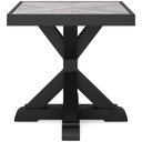 The appearance of Beachcroft Outdoor End Table In Black/Light Gray designed by Signature Design by Ashley in the transitional interior design. This black/light gray piece of furniture  was selected by 1StopBedrooms from Beachcroft Collection to add a touch of cosiness and style into your home. Sku: P792-702. Table Top Shape: Square. Material: Aluminum.