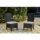 The appearance of Beachcroft Outdoor Side Chair with Cushion Set of 2 In Black/Light Gray designed by Signature Design by Ashley in the transitional interior design. This black/light gray piece of furniture was selected by 1StopBedrooms from Beachcroft Collection to add a touch of cosiness and style into your home. Sku: P792-601. Material: Fabric.