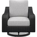 The appearance of Beachcroft Outdoor Swivel Lounge with Cushion In Black/Light Gray designed by Signature Design by Ashley in the transitional interior design. This black/light gray piece of furniture  was selected by 1StopBedrooms from Beachcroft Collection to add a touch of cosiness and style into your home. Sku: P792-821. Material: Aluminum.