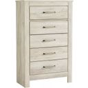 The appearance of Bellaby White Five Drawer Chest designed by Signature Design by Ashley in the transitional interior design. This white wash piece of furniture was selected by 1StopBedrooms from Bellaby Collection to add a touch of cosiness and style into your home. Sku: B331-46. Material: Wood.