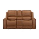 The appearance of Belmont Zero Gravity Power Reclining Tilt Console Loveseat with Headrest and Foodrest In Lyric Caramel designed by Parker House in the transitional interior design. This lyric caramel piece of furniture  was selected by 1StopBedrooms from Belmont Collection to add a touch of cosiness and style into your home. Sku: MBEL-822CP3ZT-LYCM. Material: Top Grain Leather.
