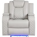 The appearance of Benz Led and Power Reclining Chair Made With Faux Leather In Ice designed by Galaxy Home Furnishings in the modern / contemporary interior design. This ice piece of furniture was selected by 1StopBedrooms from Benz Collection to add a touch of cosiness and style into your home. Sku: 659436190283. Material: Faux Leather.