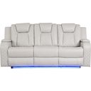 The appearance of Benz Led and Power Reclining Sofa Made With Faux Leather In Ice designed by Galaxy Home Furnishings in the modern / contemporary interior design. This ice piece of furniture was selected by 1StopBedrooms from Benz Collection to add a touch of cosiness and style into your home. Sku: 659436286627. Material: Faux Leather.