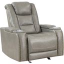 The appearance of Breckenridge II Glider Recliner with Power Footrest and Headrest In Light Gray designed by New Classic in the modern / contemporary interior design. This light gray piece of furniture was selected by 1StopBedrooms from Breckenridge Collection to add a touch of cosiness and style into your home. Sku: L3183A-13P2-LGY. Material: Leather.