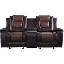 The appearance of Briscoe Light And Dark Brown Double Glider Reclining Console Loveseat designed by Homelegance in the modern / contemporary interior design. This brown piece of furniture was selected by 1StopBedrooms from Briscoe Collection to add a touch of cosiness and style into your home. Sku: 9470BR-2. Material: Faux Leather.