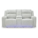 The appearance of Broad Cove Power Reclining Loveseat with Console In Alloy designed by Signature Design by Ashley in the modern / contemporary interior design. This alloy piece of furniture  was selected by 1StopBedrooms from Broad Cove Collection to add a touch of cosiness and style into your home. Sku: NC6420318. Material: Fabric.