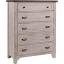 The appearance of Bungalow Dover Grey/Folkstone 5 Drawer Chest designed by Vaughan Bassett in the transitional interior design. This dove gray piece of furniture was selected by 1StopBedrooms from Bungalow Collection to add a touch of cosiness and style into your home. Sku: 741-115. Material: Solid Hardwood.