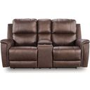 The appearance of Burnley Power Reclining Loveseat with Console In Espresso designed by Signature Design by Ashley in the modern / contemporary interior design. This espresso piece of furniture was selected by 1StopBedrooms from Burnley Collection to add a touch of cosiness and style into your home. Sku: NCU1200118. Material: Faux Leather.