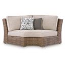The appearance of Carmel Bay Outdoor Curved Corner Chair with Cushion In Beige designed by Signature Design by Ashley in the transitional interior design. This beige piece of furniture was selected by 1StopBedrooms from Carmel Bay Collection to add a touch of cosiness and style into your home. Sku: NCP790-851. Material: Fabric.