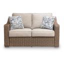 The appearance of Carmel Bay Outdoor Loveseat with Cushion In Beige designed by Signature Design by Ashley in the transitional interior design. This beige piece of furniture was selected by 1StopBedrooms from Carmel Bay Collection to add a touch of cosiness and style into your home. Sku: NCP790-835. Material: Fabric.