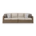 The appearance of Carmel Bay Outdoor Right and Left-arm Facing Loveseat with Cushion Set of 2 In Beige designed by Signature Design by Ashley in the transitional interior design. This beige piece of furniture was selected by 1StopBedrooms from Carmel Bay Collection to add a touch of cosiness and style into your home. Sku: NCP790-854. Material: Fabric.