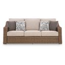 The appearance of Carmel Bay Outdoor Sofa with Cushion In Beige designed by Signature Design by Ashley in the transitional interior design. This beige piece of furniture was selected by 1StopBedrooms from Carmel Bay Collection to add a touch of cosiness and style into your home. Sku: NCP790-838. Material: Fabric.