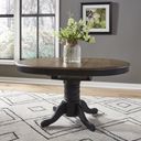 The appearance of Carolina Crossing Pedestal Table Set Black In Black With Antique Honey Top designed by Liberty in the country / farmhouse interior design. This black and antique honey piece of furniture  was selected by 1StopBedrooms from Carolina Crossing Collection to add a touch of cosiness and style into your home. Sku: 186B-P4257;186B-T4257. Table Top Shape: Oval. Material: Rubberwood. Size: 57" x 42".