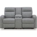 The appearance of Carrigan Lane Reclining Loveseat with Console In Sterling designed by Signature Design by Ashley in the modern / contemporary interior design. This sterling piece of furniture  was selected by 1StopBedrooms from Carrigan Lane Collection to add a touch of cosiness and style into your home. Sku: NC4220494. Material: Fabric.