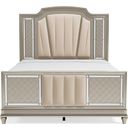 The appearance of Chevanna Platinum Queen Upholstered Panel Bed designed by Signature Design by Ashley in the transitional interior design. This platinum piece of furniture  was selected by 1StopBedrooms from Chevanna Collection to add a touch of cosiness and style into your home. Sku: B744-57;B744-54;B744-96. Bed Type: Panel Bed. Material: Fabric. Bed Size: Queen.