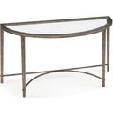 The appearance of Copia Demilune Sofa Table In Antiqued Silver designed by Magnussen in the modern / contemporary interior design. This antiqued silver piece of furniture  was selected by 1StopBedrooms from Copia Collection to add a touch of cosiness and style into your home. Sku: T2114-75. Material: Glass.