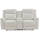 The appearance of Dean Double Reclining Loveseat with Center Console In Beige designed by Homelegance in the transitional interior design. This beige piece of furniture  was selected by 1StopBedrooms from Dean Collection to add a touch of cosiness and style into your home. Sku: 9646BE-2. Material: Polyester.