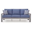 The appearance of Dillon Beach Outdoor Sofa with Cushion In Gray and Blue designed by Signature Design by Ashley in the modern / contemporary interior design. This gray/blue piece of furniture was selected by 1StopBedrooms from Dillon Beach Collection to add a touch of cosiness and style into your home. Sku: P418-838. Material: Fabric.