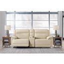 The appearance of Double Deal 2-Piece Power Reclining Loveseat Sectional with Console In Almond designed by Signature Design by Ashley in the modern / contemporary interior design. This almond piece of furniture  was selected by 1StopBedrooms from Double Deal Collection to add a touch of cosiness and style into your home. Sku: U1300158;U1300157;U1300162. Material: Genuine Leather.