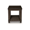The appearance of Drakes Beach Outdoor End Table In Dark Brown designed by Signature Design by Ashley in the transitional interior design. This dark brown piece of furniture was selected by 1StopBedrooms from Drakes Beach Collection to add a touch of cosiness and style into your home. Sku: P760-702. Material: Aluminium.