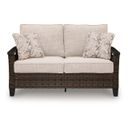 The appearance of Drakes Beach Outdoor Loveseat with Cushion In Dark Brown designed by Signature Design by Ashley in the transitional interior design. This dark brown piece of furniture was selected by 1StopBedrooms from Drakes Beach Collection to add a touch of cosiness and style into your home. Sku: P760-835. Material: Fabric.
