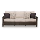 The appearance of Drakes Beach Outdoor Sofa with Cushion In Dark Brown designed by Signature Design by Ashley in the transitional interior design. This dark brown piece of furniture was selected by 1StopBedrooms from Drakes Beach Collection to add a touch of cosiness and style into your home. Sku: P760-838. Material: Fabric.