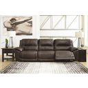 The appearance of Dunleith Power Reclining Sofa In Chocolate designed by Signature Design by Ashley in the modern / contemporary interior design. This chocolate piece of furniture  was selected by 1StopBedrooms from Dunleith Collection to add a touch of cosiness and style into your home. Sku: U7160431;U7160458;U7160462. Material: Leather Match.