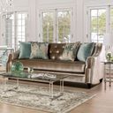 The appearance of Elicia Sofa In Champagne designed by Furniture of America in the transitional interior design. This champagne piece of furniture  was selected by 1StopBedrooms from Elicia Collection to add a touch of cosiness and style into your home. Sku: SM2685-SF. Material: Wood.