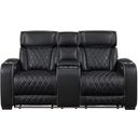 The appearance of Fairway Power Double Reclining Loveseat with Center Console and Power Headrests In Black designed by Homelegance in the modern / contemporary interior design. This black piece of furniture  was selected by 1StopBedrooms from Fairway Collection to add a touch of cosiness and style into your home. Sku: 9516BLK-2PWH. Material: Faux Leather.