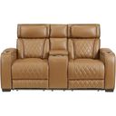 The appearance of Fairway Power Double Reclining Loveseat with Center Console and Power Headrests In Brown designed by Homelegance in the modern / contemporary interior design. This brown piece of furniture was selected by 1StopBedrooms from Fairway Collection to add a touch of cosiness and style into your home. Sku: 9516BRW-2PWH. Material: Faux Leather.