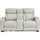 The appearance of Fairway Power Double Reclining Loveseat with Center Console and Power Headrests In Gray designed by Homelegance in the modern / contemporary interior design. This gray piece of furniture  was selected by 1StopBedrooms from Fairway Collection to add a touch of cosiness and style into your home. Sku: 9516TPE-2PWH. Material: Faux Leather.