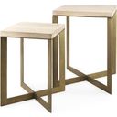 The appearance of Faye Barely Gray Finished Wood With Gold Metal Base Accent Tables Set of 2 designed by Mercana in the modern / contemporary interior design. This brown and gold piece of furniture  was selected by 1StopBedrooms from Faye Collection to add a touch of cosiness and style into your home. Sku: 69179. Material: Wood.