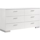 The appearance of Felicity 6-drawer Dresser Glossy White designed by Coaster in the modern / contemporary interior design. This white high gloss piece of furniture was selected by 1StopBedrooms from Felicity Collection to add a touch of cosiness and style into your home. Sku: 203503. Material: Wood.