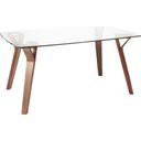 The appearance of Folia Mid-Century Modern Dining Table In Walnut Wood With Clear Tempered Glass designed by Lumisource in the transitional interior design. This clear piece of furniture  was selected by 1StopBedrooms from Folia Collection to add a touch of cosiness and style into your home. Sku: DT-6638FOLIA WLCL. Material: Glass. Table Top Shape: Rectangular. Size: 63" x 38".
