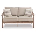 The appearance of Francis Beach Outdoor Loveseat with Cushion In Natural and Gray designed by Signature Design by Ashley in the modern / contemporary interior design. This natural/gray piece of furniture was selected by 1StopBedrooms from Francis Beach Collection to add a touch of cosiness and style into your home. Sku: P428-835. Material: Fabric.