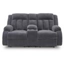 The appearance of Free Wake Power Reclining Loveseat with Console In Steel designed by Signature Design by Ashley in the modern / contemporary interior design. This steel piece of furniture was selected by 1StopBedrooms from Free Wake Collection to add a touch of cosiness and style into your home. Sku: NC2140596. Material: Polyester.
