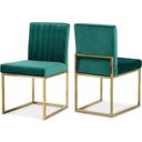 The appearance of Giselle Velvet Dining Chair Set of 2 In Green designed by Meridian in the modern / contemporary interior design. This green piece of furniture  was selected by 1StopBedrooms from Giselle Collection to add a touch of cosiness and style into your home. Sku: 778Green-C. Material: Velvet.
