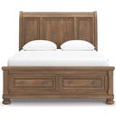 The appearance of Glarrison Queen Storage Sleigh Bed In Medium Brown designed by Signature Design by Ashley in the transitional interior design. This medium brown piece of furniture  was selected by 1StopBedrooms from Glarrison Collection to add a touch of cosiness and style into your home. Sku: NCB779-74;NCB779-77;NCB779-98. Bed Type: Storage Bed. Bed Size: Queen.