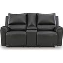 The appearance of Glassmere Reclining Loveseat with Console In Black designed by Signature Design by Ashley in the modern / contemporary interior design. This black piece of furniture  was selected by 1StopBedrooms from Glassmere Collection to add a touch of cosiness and style into your home. Sku: NCU1170094. Material: Leather Match.