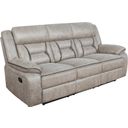 The appearance of Greer Upholstered Tufted Back Motion Sofa designed by Coaster in the transitional interior design. This taupe piece of furniture was selected by 1StopBedrooms from Greer Collection to add a touch of cosiness and style into your home. Sku: 651351. Material: Upholstered.