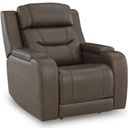 The appearance of Guru Power Recliner with Audio Seating In Brown designed by Signature Design by Ashley in the modern / contemporary interior design. This brown piece of furniture was selected by 1StopBedrooms from Guru Collection to add a touch of cosiness and style into your home. Sku: NCU1160213A. Material: Leather Match.