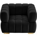 The appearance of Gwen Velvet Chair In Black designed by Meridian in the modern / contemporary interior design. This black piece of furniture was selected by 1StopBedrooms from Gwen Collection to add a touch of cosiness and style into your home. Sku: 670Black-C. Material: Velvet.