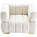 The appearance of Gwen Velvet Chair In Cream designed by Meridian in the modern / contemporary interior design. This cream piece of furniture was selected by 1StopBedrooms from Gwen Collection to add a touch of cosiness and style into your home. Sku: 670Cream-C. Material: Velvet.