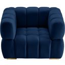 The appearance of Gwen Velvet Chair In Navy designed by Meridian in the modern / contemporary interior design. This navy piece of furniture was selected by 1StopBedrooms from Gwen Collection to add a touch of cosiness and style into your home. Sku: 670Navy-C. Material: Velvet.