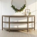 The appearance of Hadleigh Demilune Sofa Table designed by Magnussen in the transitional interior design. This brown piece of furniture  was selected by 1StopBedrooms from Hadleigh Collection to add a touch of cosiness and style into your home. Sku: T5558-75. Material: Oak Veneer.