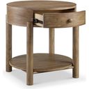 The appearance of Hadleigh Round End Table designed by Magnussen in the transitional interior design. This honey piece of furniture  was selected by 1StopBedrooms from Hadleigh Collection to add a touch of cosiness and style into your home. Sku: T5558-05. Material: Oak Veneer.