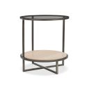 The appearance of Harlow Metal Round Chairside Table designed by Bernhardt in the modern / contemporary interior design. This bronze/white travertine stone/clear piece of furniture  was selected by 1StopBedrooms from Harlow Collection to add a touch of cosiness and style into your home. Sku: 514122. Material: Steel.